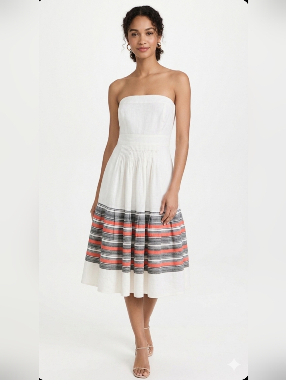 FLOREAT/ANTHROPO Strapless Cream Midi Dress with Coral & Gray Stripe Hem Size 12
